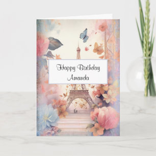Eiffel Tower Butterflies and Flowers Birthday Card