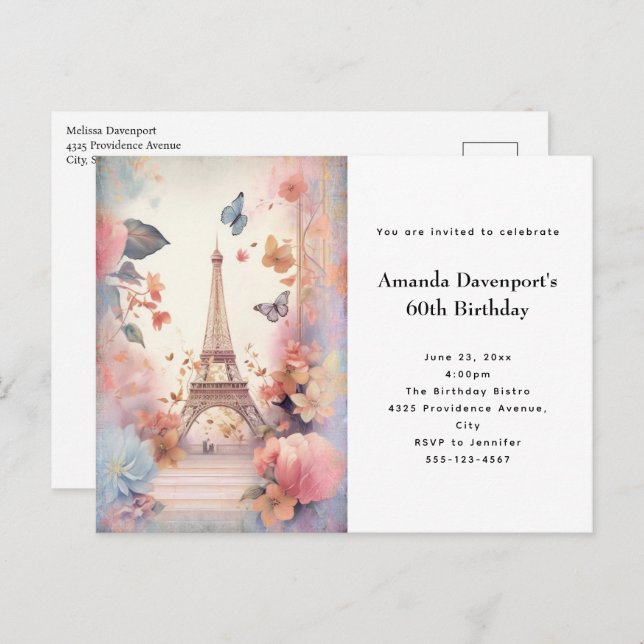 Eiffel Tower Butterflies and Flowers Birthday Invitation Postcard (Front/Back)