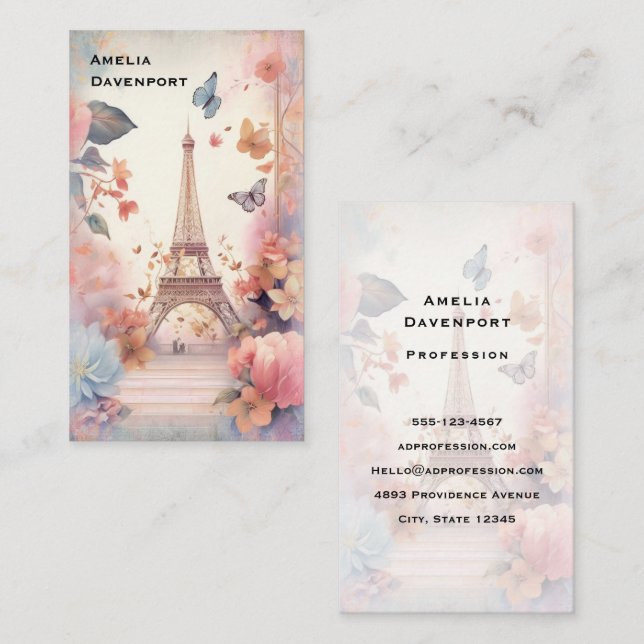 Eiffel Tower Butterflies and Flowers Business Card (Front/Back)