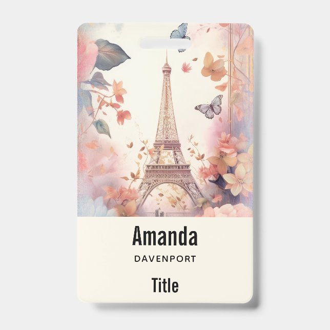 Eiffel Tower Butterflies and Flowers ID Badge (Front)