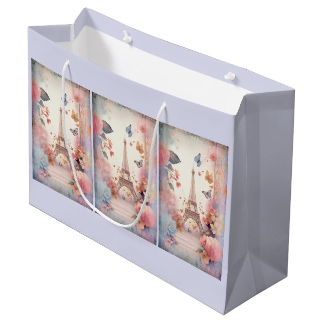 Eiffel Tower Butterflies and Flowers Large Gift Bag (Front Angled)