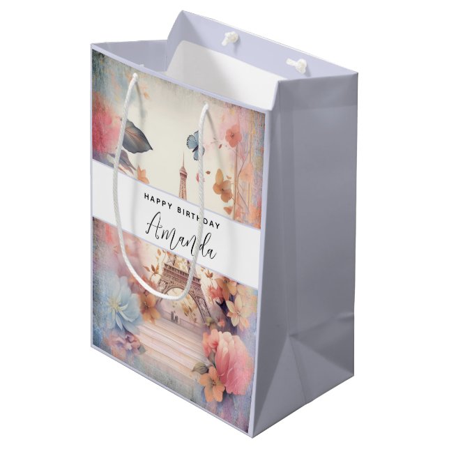 Eiffel Tower Butterflies and Flowers Medium Gift Bag (Front Angled)