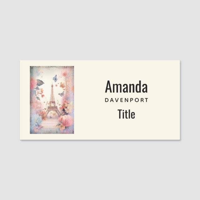 Eiffel Tower Butterflies and Flowers Name Tag (Front)