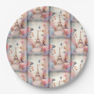Eiffel Tower Butterflies and Flowers Paper Plate