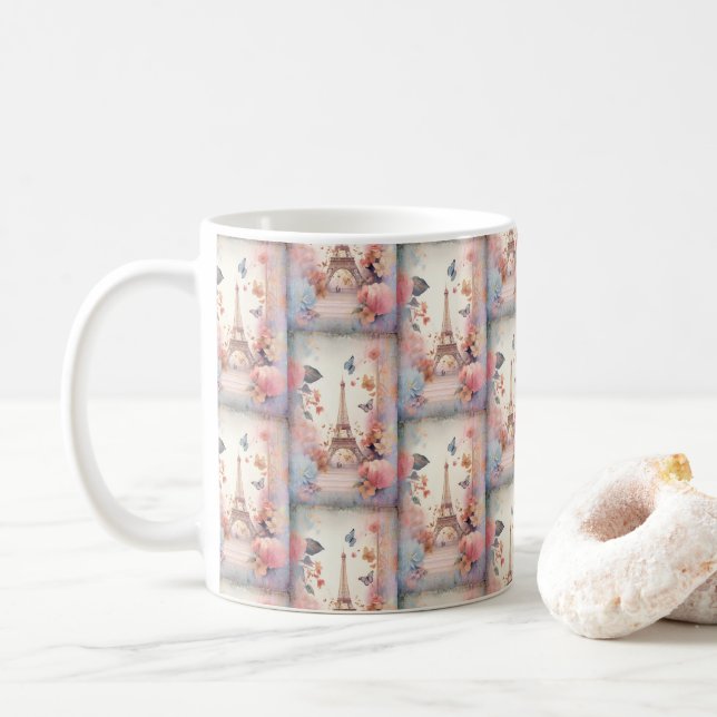 Eiffel Tower Butterflies and Flowers Pattern Coffee Mug (With Donut)