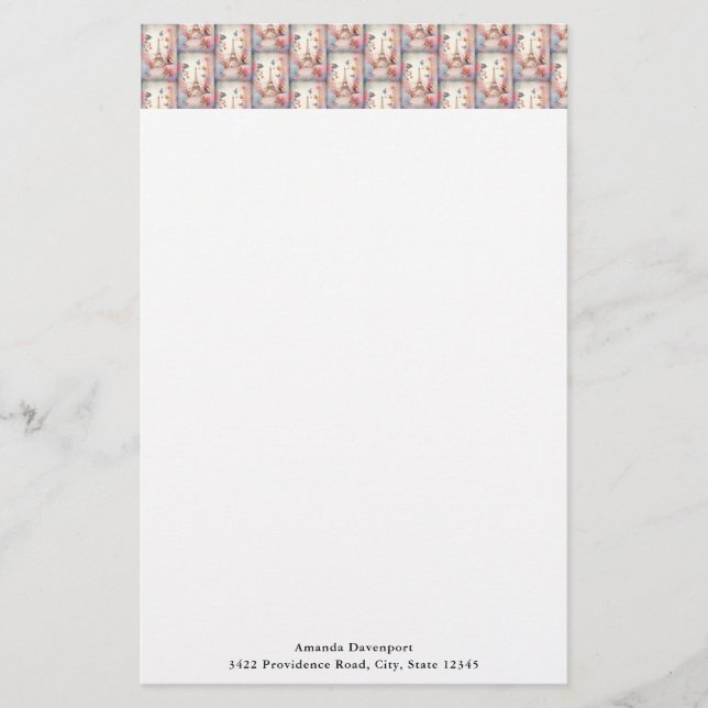 Eiffel Tower Butterflies and Flowers Pattern Stationery (Front)