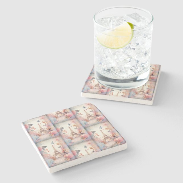 Eiffel Tower Butterflies and Flowers Pattern Stone Coaster (Side)