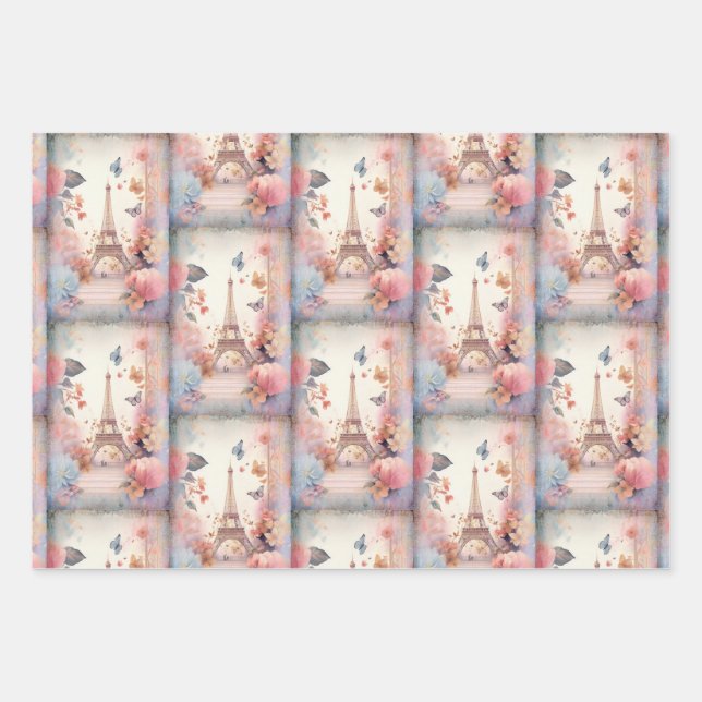 Eiffel Tower Butterflies and Flowers Pattern Wrapping Paper Sheet (Front 3)