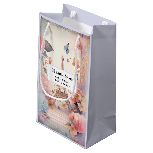 Eiffel Tower Butterflies and Flowers Thank You Small Gift Bag (Back Angled)