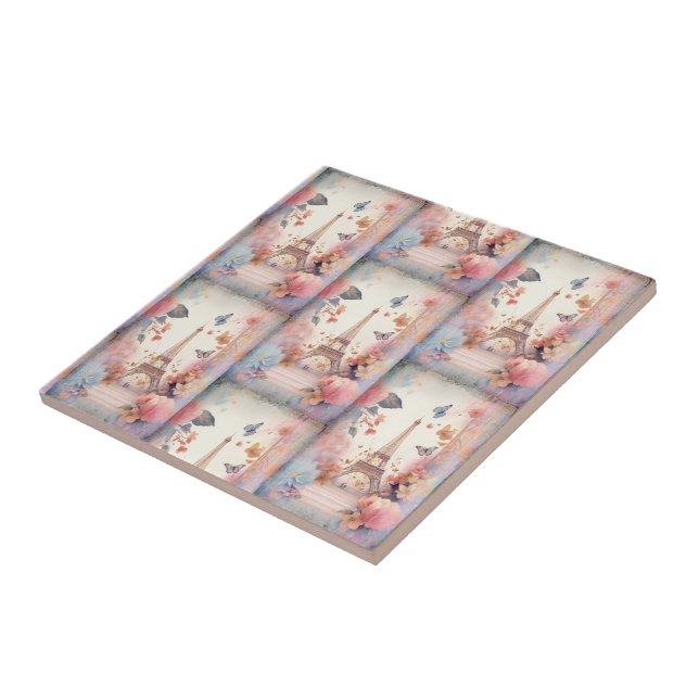 Eiffel Tower Butterflies and Flowers Tile (Side)