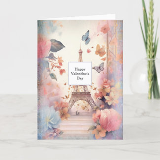 Eiffel Tower Butterflies and Flowers Valentine's Holiday Card