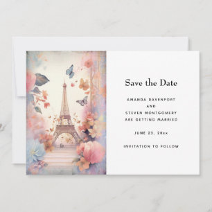 Eiffel Tower Butterflies and Flowers Wedding Save The Date