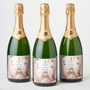 Eiffel Tower Butterflies and Flowers - Wedding Sparkling Wine Label