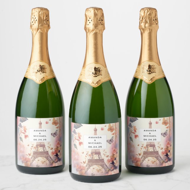 Eiffel Tower Butterflies and Flowers - Wedding Sparkling Wine Label (Bottles)