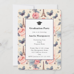 Eiffel Tower Butterfly and Roses Graduation Invitation