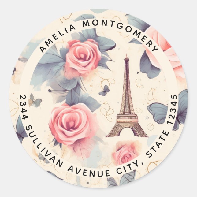 Eiffel Tower Butterfly and Roses Pattern - Address Classic Round Sticker (Front)