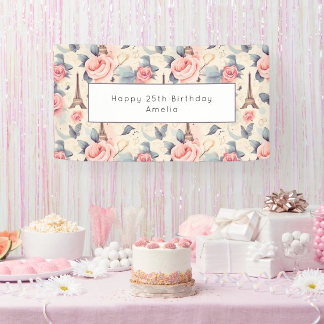 Eiffel Tower Butterfly and Roses Pattern Birthday Banner (Party)