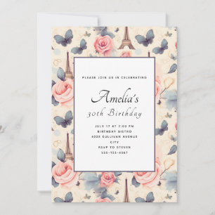 Eiffel Tower Butterfly and Roses Pattern Birthday Invitation