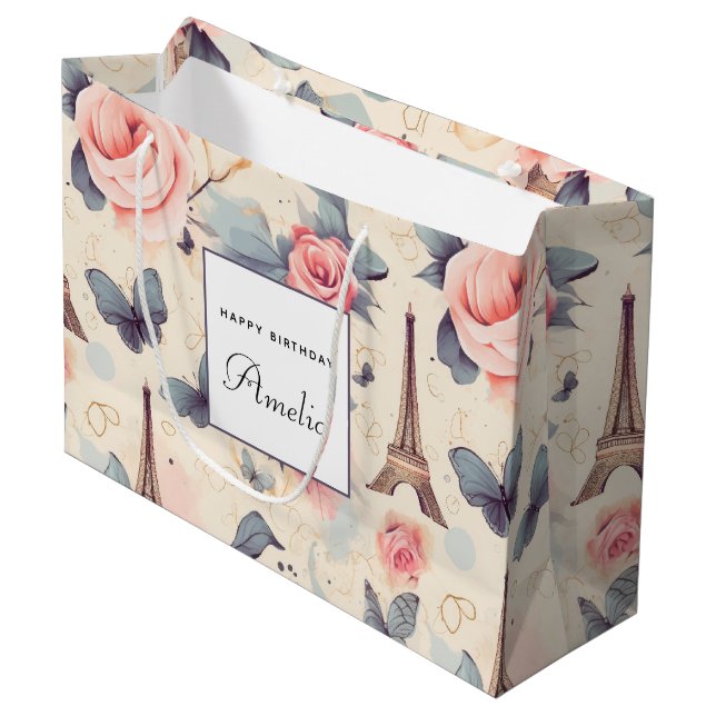 Eiffel Tower Butterfly and Roses Pattern Birthday Large Gift Bag (Front Angled)
