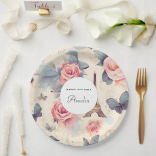 Eiffel Tower Butterfly and Roses Pattern Birthday Paper Plate