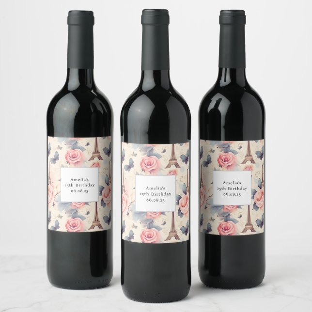 Eiffel Tower Butterfly and Roses Pattern Birthday Wine Label (Bottles)