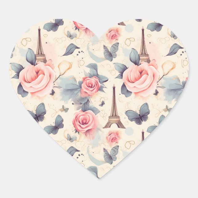 Eiffel Tower Butterfly and Roses Pattern Heart Sticker (Front)