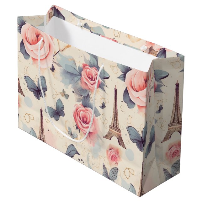 Eiffel Tower Butterfly and Roses Pattern Large Gift Bag (Front Angled)