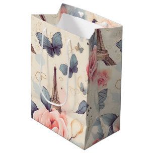 Eiffel Tower Butterfly and Roses Pattern Medium Gift Bag