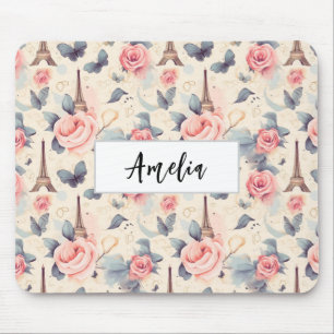 Eiffel Tower Butterfly and Roses Pattern Mouse Mat