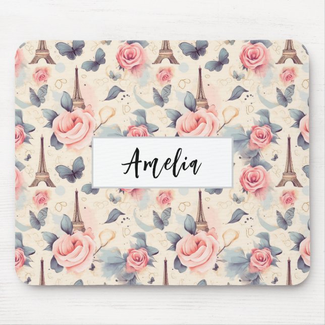 Eiffel Tower Butterfly and Roses Pattern Mouse Mat (Front)