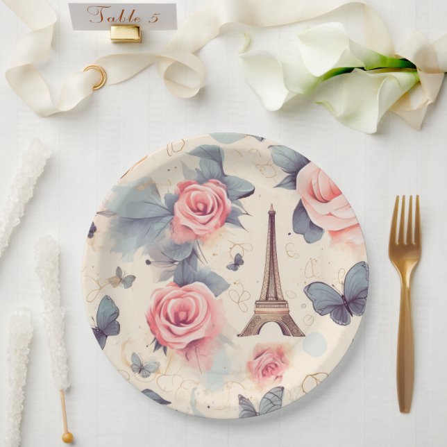 Eiffel Tower Butterfly and Roses Pattern Paper Plate (Wedding)