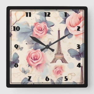 Eiffel Tower Butterfly and Roses Pattern Square Wall Clock