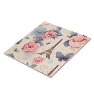 Eiffel Tower Butterfly and Roses Pattern Tile