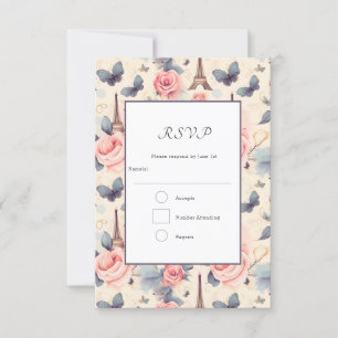 Eiffel Tower Butterfly and Roses Pattern Wedding RSVP Card