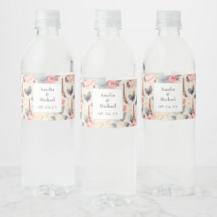 Eiffel Tower Butterfly and Roses Pattern Wedding Water Bottle Label