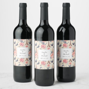 Eiffel Tower Butterfly and Roses Pattern Wedding Wine Label