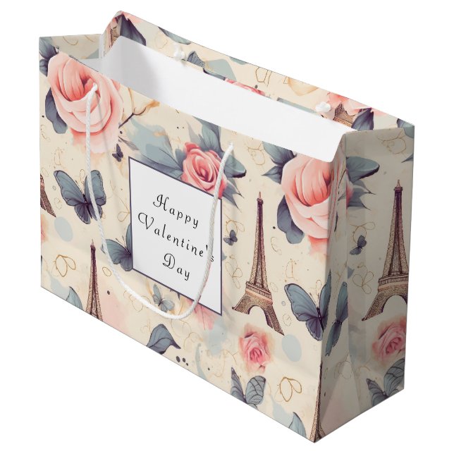 Eiffel Tower Butterfly and Roses Valentine's Day Large Gift Bag (Front Angled)
