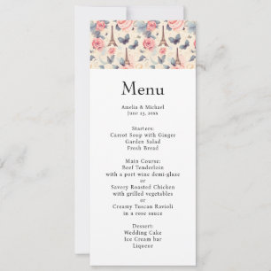 Eiffel Tower Butterfly and Roses Wedding Menu Invitation
