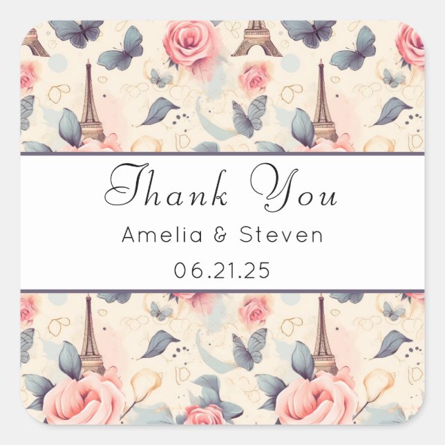 Eiffel Tower Butterfly & Roses - Wedding Thank You Square Sticker (Front)