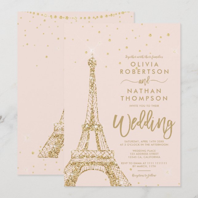 Eiffel tower chic gold glitter blush pink wedding invitation (Front/Back)