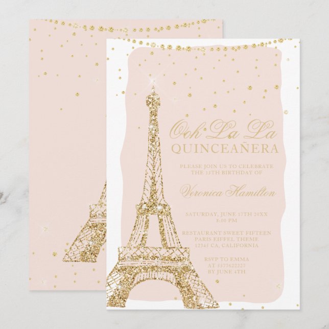 Eiffel tower chic gold glitter blush quinceanera invitation (Front/Back)