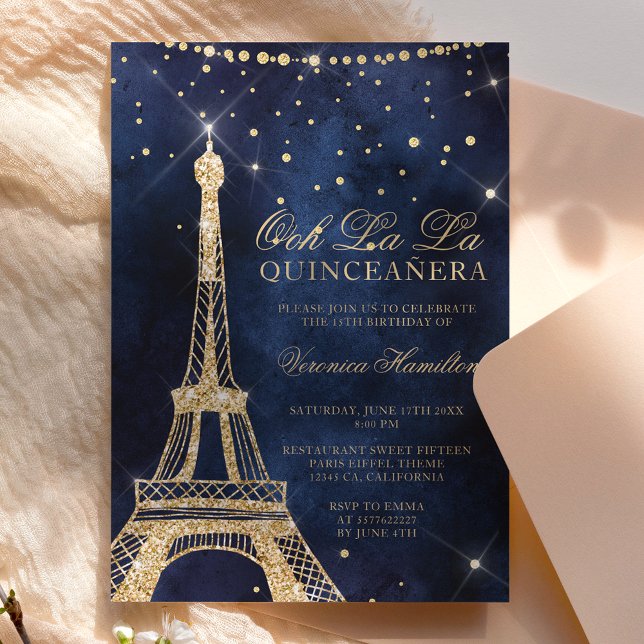 Eiffel tower chic gold glitter sparkle quinceanera invitation (Creator Uploaded)