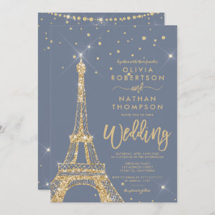 Eiffel tower chic gold glitter sparkle wedding invitation