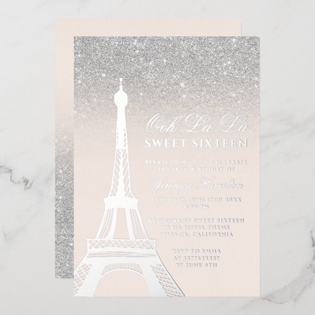 Eiffel tower chic silver glitter pink Sweet 16 (Front/Back)