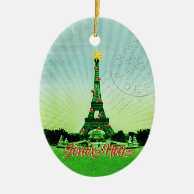 Eiffel Tower Christmas Collage Ceramic Tree Decoration (Front)