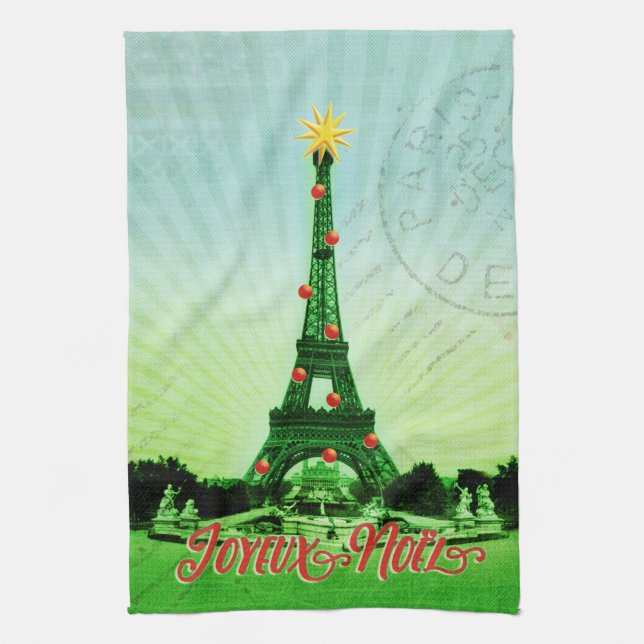 Eiffel Tower Christmas Collage Tea Towel (Vertical)