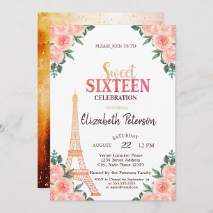 Eiffel Tower Confetti ++++9-Flowers Sweet 16 Invitation