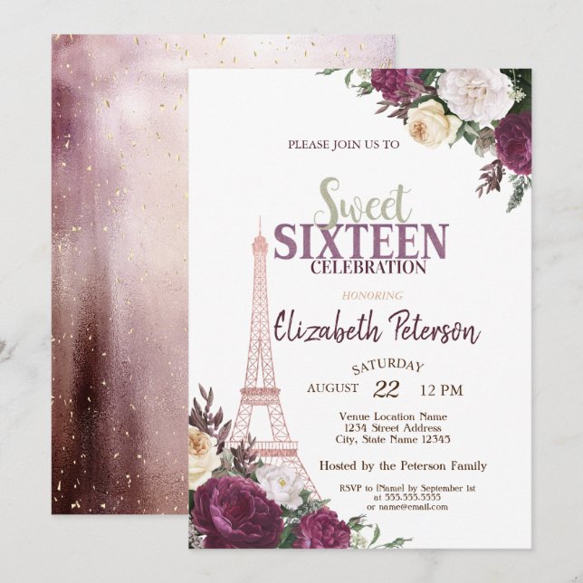 Eiffel Tower Confetti Burgundy Flowers Sweet 16 Invitation (Front/Back)