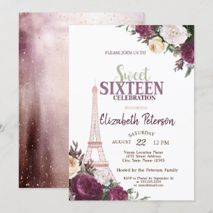 Eiffel Tower Confetti Burgundy Flowers Sweet 16 Invitation