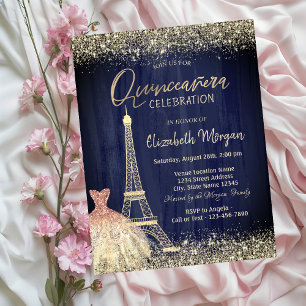 Eiffel Tower Confetti Dress Navy Blue Quinceanera Invitation